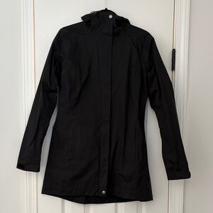 Columbia Women's hooded mid-thigh length Black Rain Coat, size small